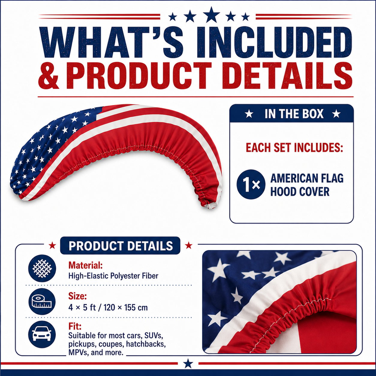 🇺🇸 Universal American Hood Flag Cover 🔥 Secure Buckle Design for Stable Highway Driving 🦅 Fits Most Cars, SUVs & Pickups[Buy 2 Free Shipping]