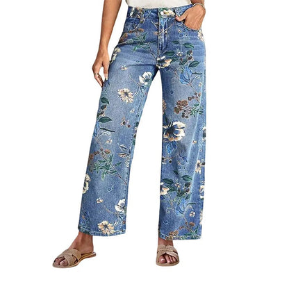 🌸 Women's Floral Print Straight-Leg Jeans – Stretchy denim, vintage vibe & perfect for everyday casual chic ✨