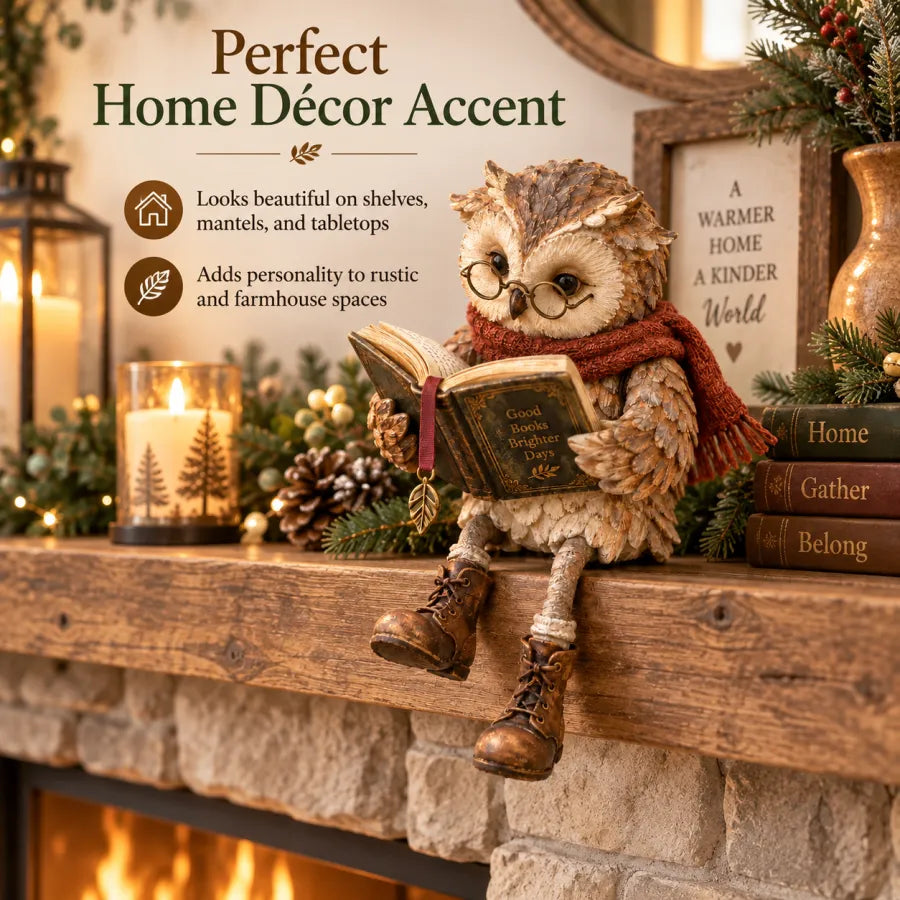 Reading Owl Figurine – Whimsical Bookish Shelf Sitter With Glasses & Dangling Boots