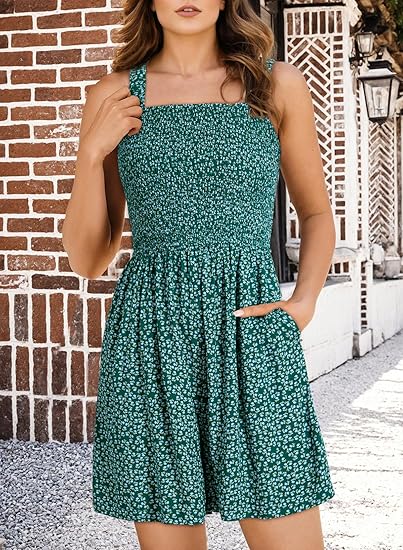 💃Women's Summer Square Neck Sleeveless Loose Casual Short Smocked Romper