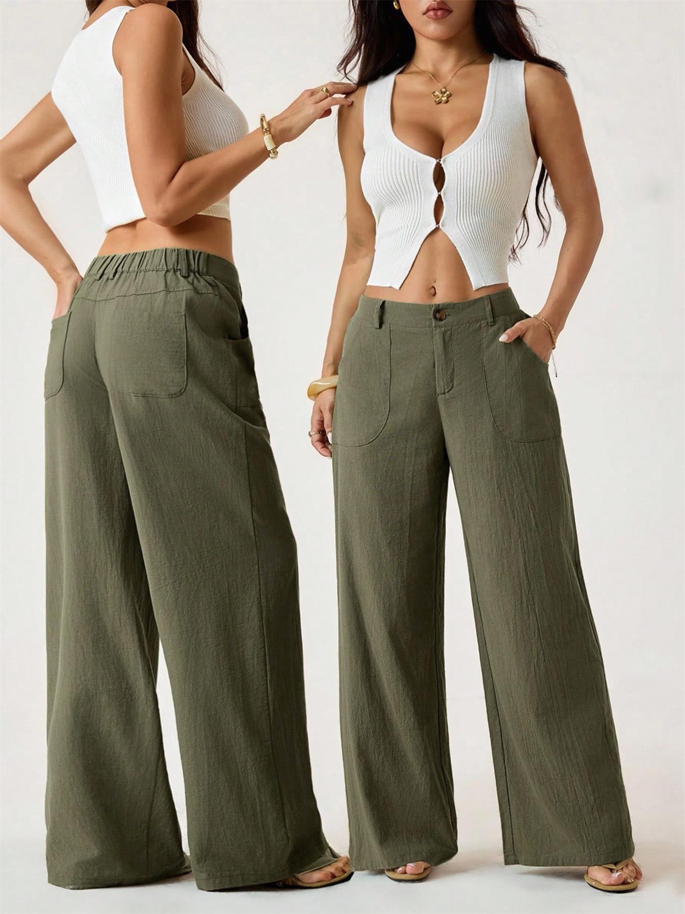 Women's Cotton Linen Palazzo Pants Summer Flowy Wide Straight Leg Beach Trousers With Pocket Casual Solid Color Soft Elastic High Waist Lounge Pants