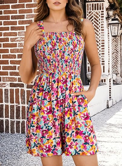 💃Women's Summer Square Neck Sleeveless Loose Casual Short Smocked Romper