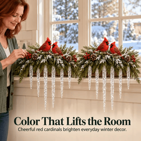✨Cardinal Winter Glow — Lighted Snowy Cedar & Icicle Christmas Decor