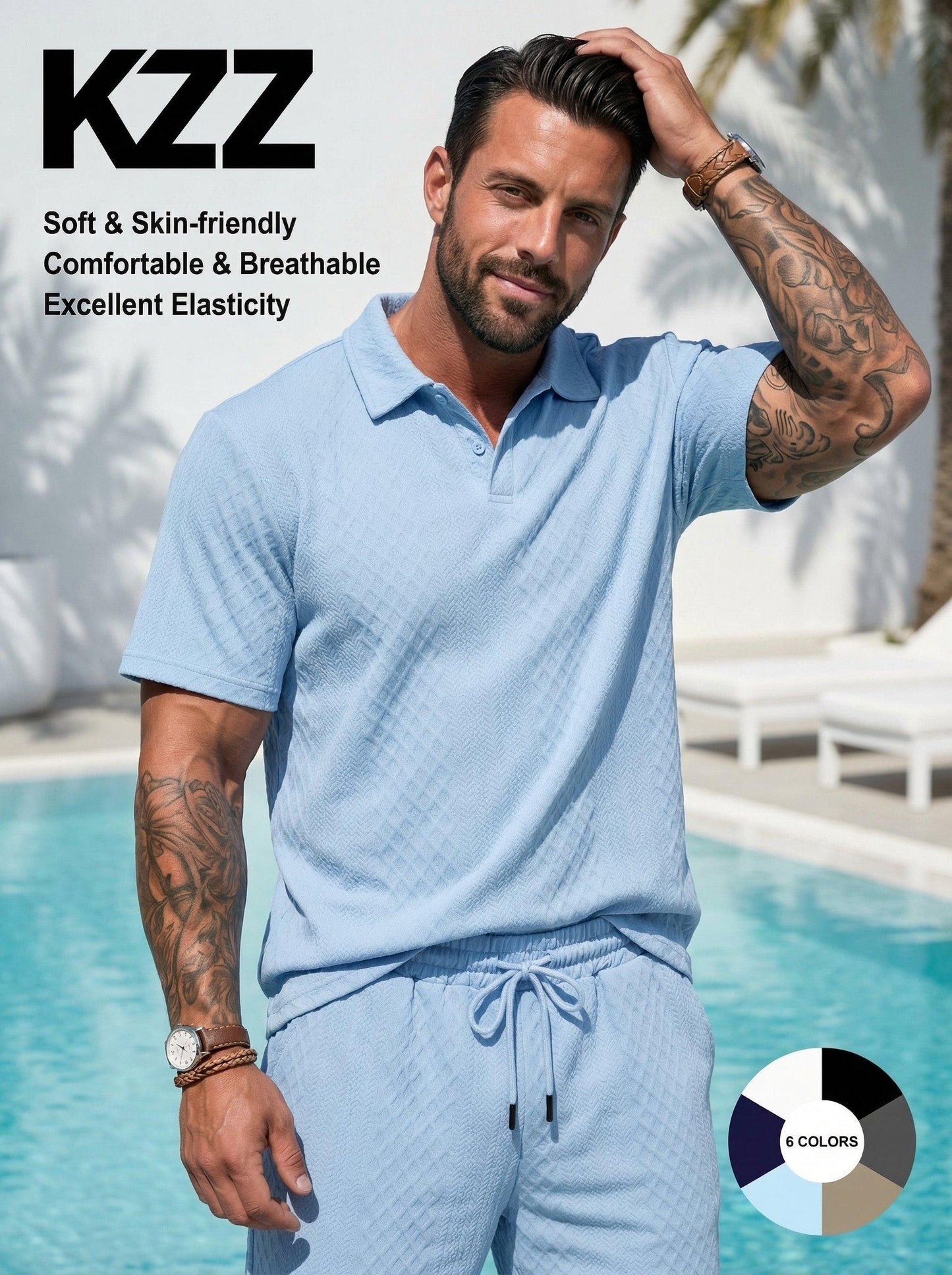 ⚡Hot Sales 49% OFF🔥Men's Solid Polo Shirt & Drawstring Waist Shorts Set Cozy Breathable Two-piece Outfits for Daily Outdoor Wear