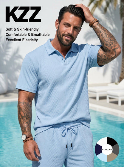 ⚡Hot Sales 49% OFF🔥Men's Solid Polo Shirt & Drawstring Waist Shorts Set Cozy Breathable Two-piece Outfits for Daily Outdoor Wear