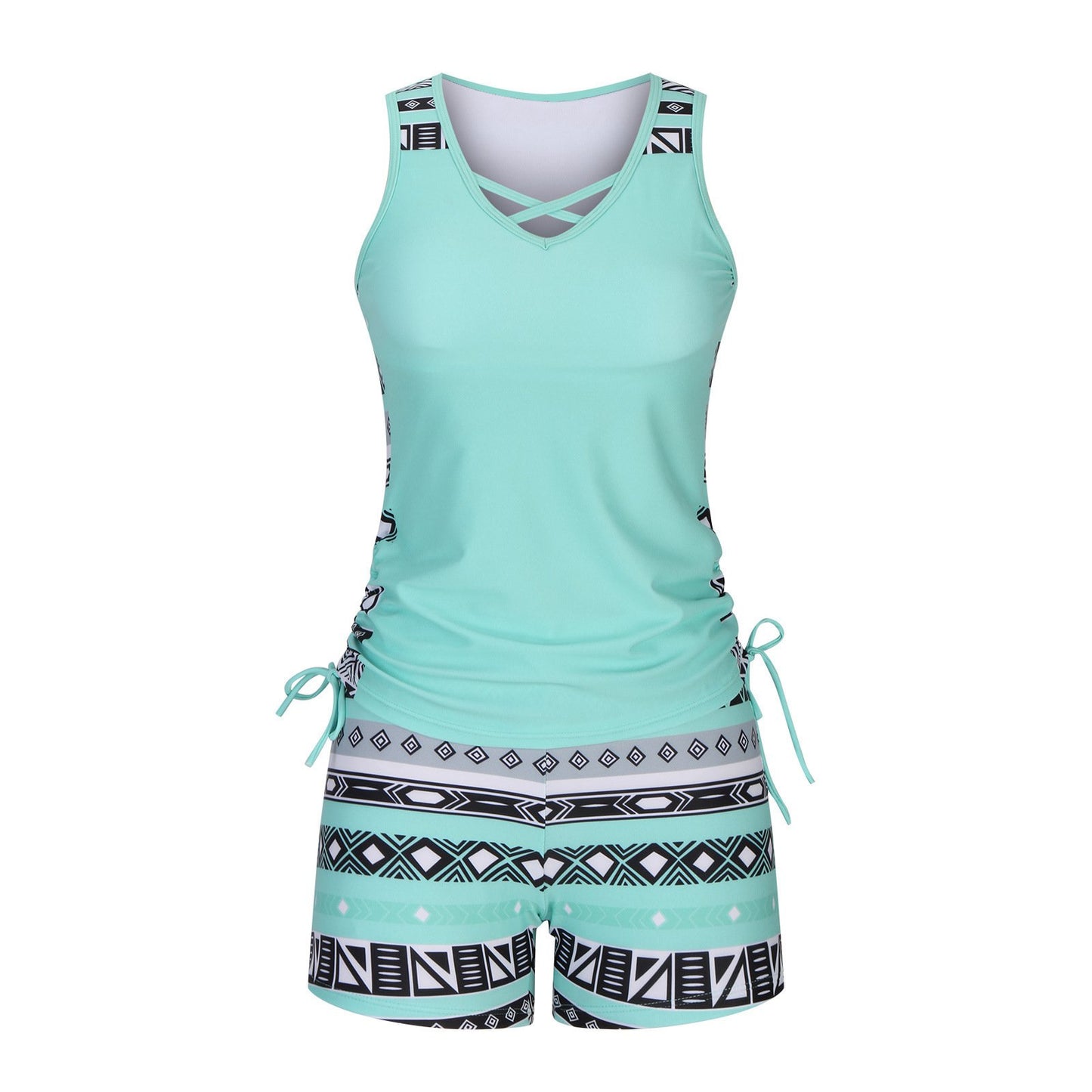 Women's Tummy Control Tankini Set with Built-In Bra – Flattering Boho Swimwear with Shorts