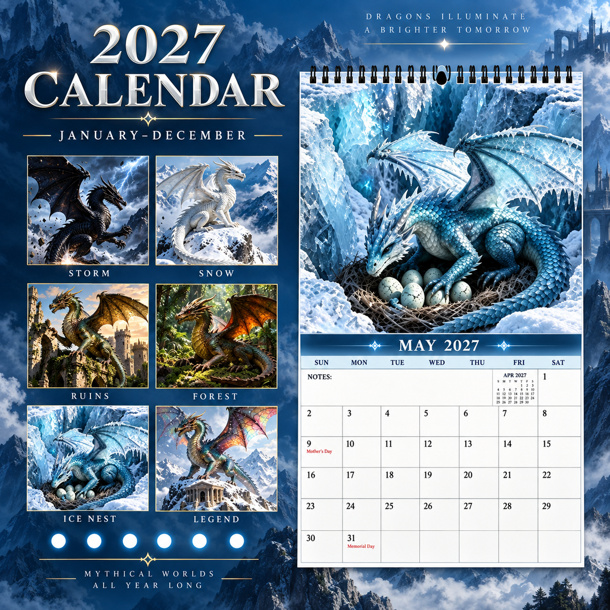 Dragons of a Higher World 2027 Wall Calendar – 12-Month Epic Fantasy Dragon Calendar, Mystical Legendary Art Hanging Planner for Dragon Lovers
