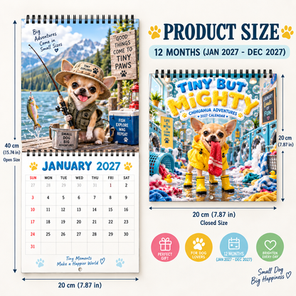 Tiny But Mighty 2027 Wall Calendar – 12-Month Chihuahua Adventures Calendar, Funny Small Dog Scenes Hanging Planner for Chihuahua & Dog Lovers