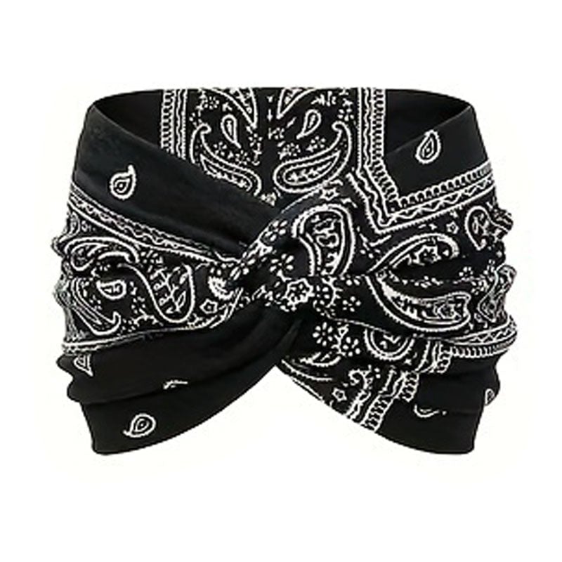 Bohemian-style hairband with a paisley print, wide elasticated hairband