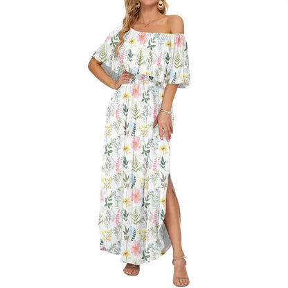 🔥Women's Off The Shoulder Dress Wedding Guest Dress Summer Casual Long Ruffle Party Side Split Beach Maxi Dresses