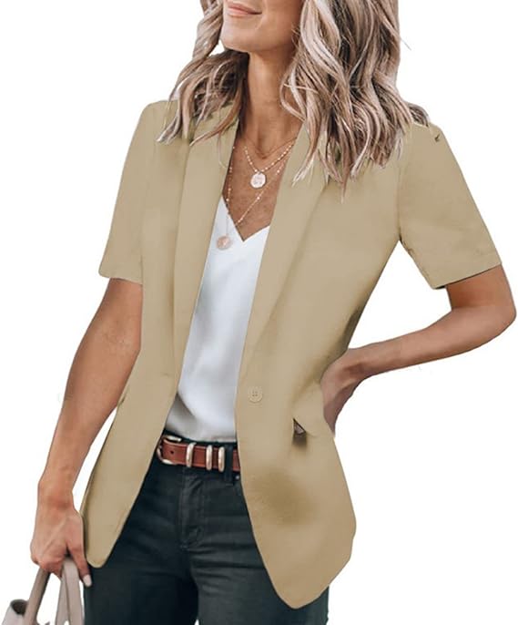 Women's Short Sleeve Casual Blazer Lapel Open Front Work Office Jacket