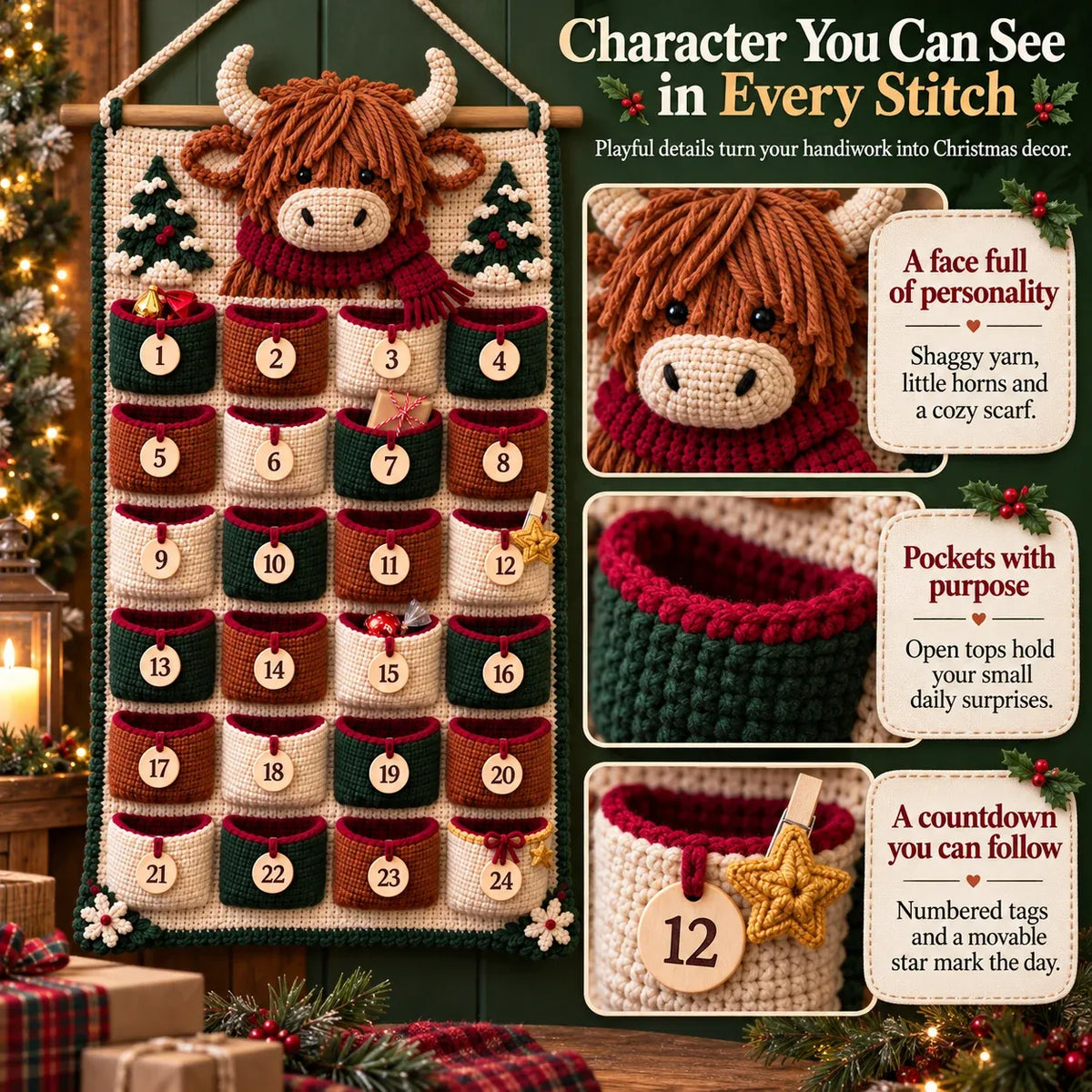 ⏳ 🧶 DIY Crochet Advent Calendar Kit | 24 Refillable Pockets, 4 Christmas Characters & Complete Crochet Materials 🎄