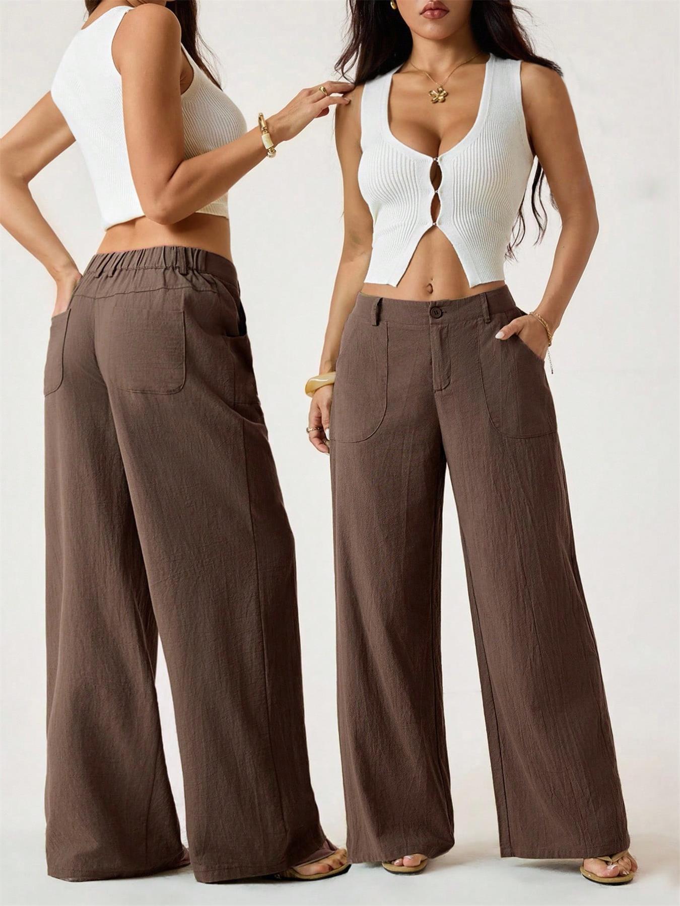 Women's Cotton Linen Palazzo Pants Summer Flowy Wide Straight Leg Beach Trousers With Pocket Casual Solid Color Soft Elastic High Waist Lounge Pants
