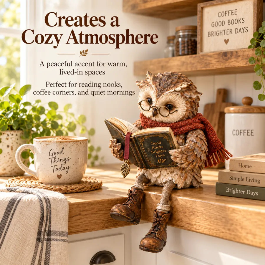 Reading Owl Figurine – Whimsical Bookish Shelf Sitter With Glasses & Dangling Boots