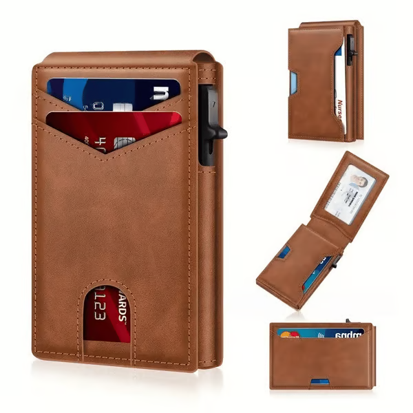 💼🔒Premium Aluminum RFID Blocking Minimalist Wallet for Men - Pop-Up Card Access, Money Clip & ID Window