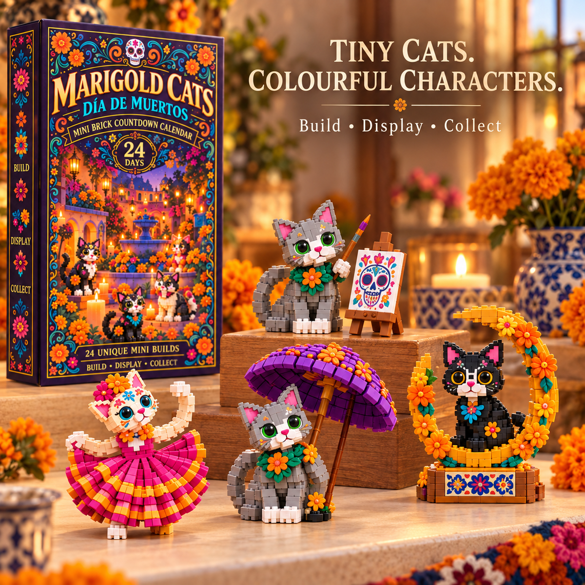 Christmas Kickoff 49% Off - 2026 Days Of Marigold Cats Blind Box - 24-day Festive Countdown, Day Of The Dead Cat Themed Collectible Miniatures Blind Box - Gift For Cat Lovers