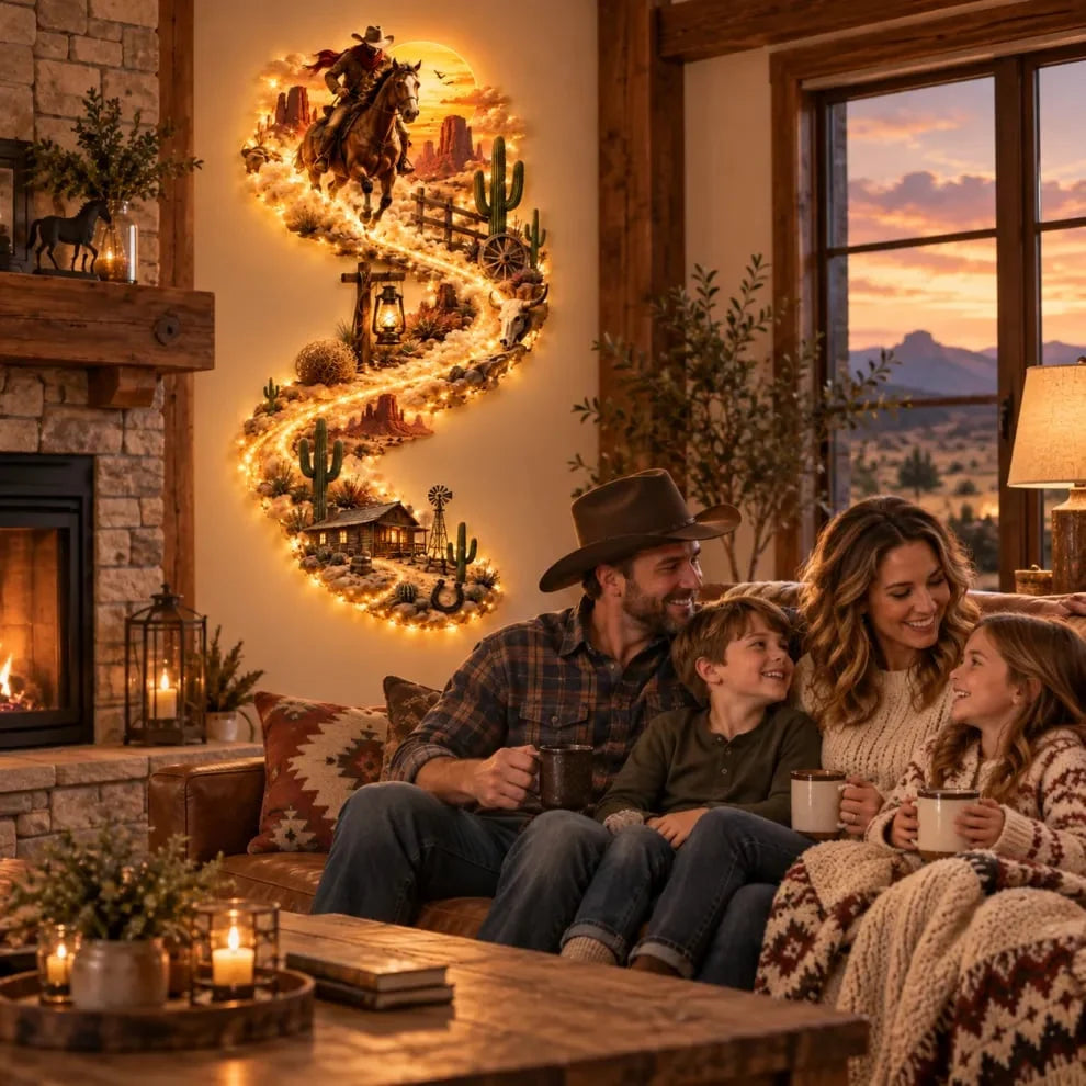 🤠 Western Cowboy Led Wall Decor – Lighted Wild West Desert Scene With Horseback Rider, Cactus & Ranch Details