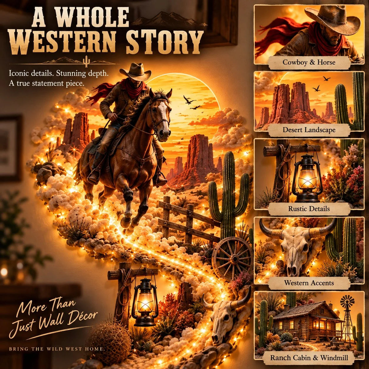 🤠 Western Cowboy Led Wall Decor – Lighted Wild West Desert Scene With Horseback Rider, Cactus & Ranch Details