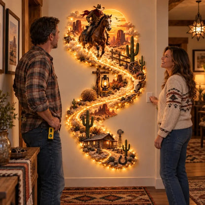 🤠 Western Cowboy Led Wall Decor – Lighted Wild West Desert Scene With Horseback Rider, Cactus & Ranch Details