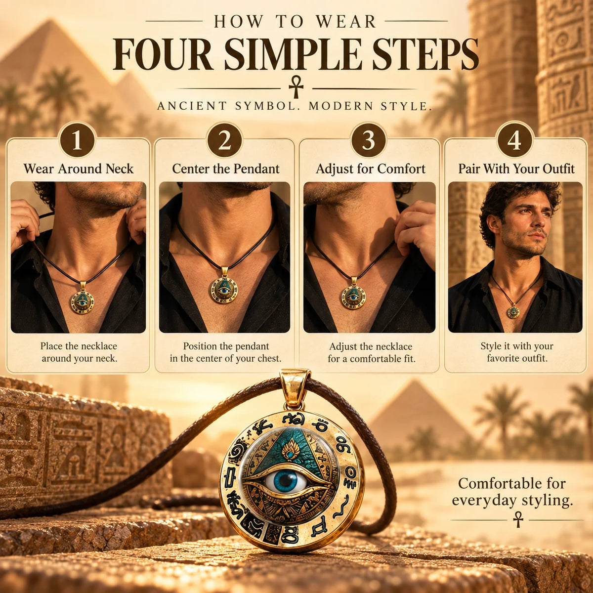 Egyptian Eye Round Glass Pendant Necklace