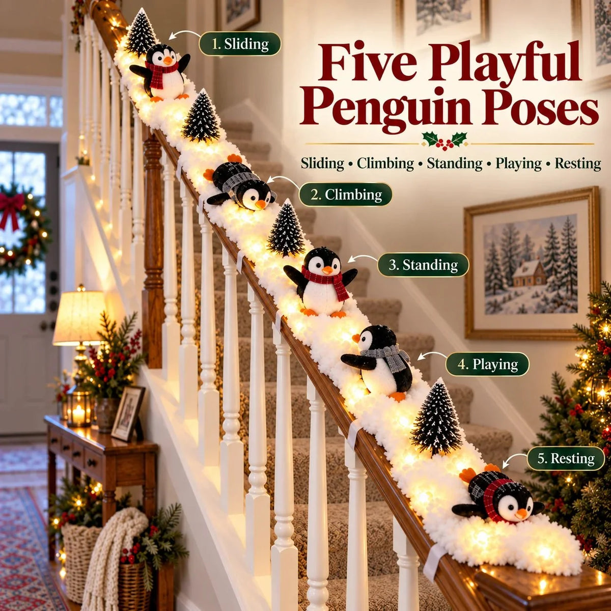 🔥hot Sale 40% Off🔥playful Penguin Snowy Stair Railing Decor