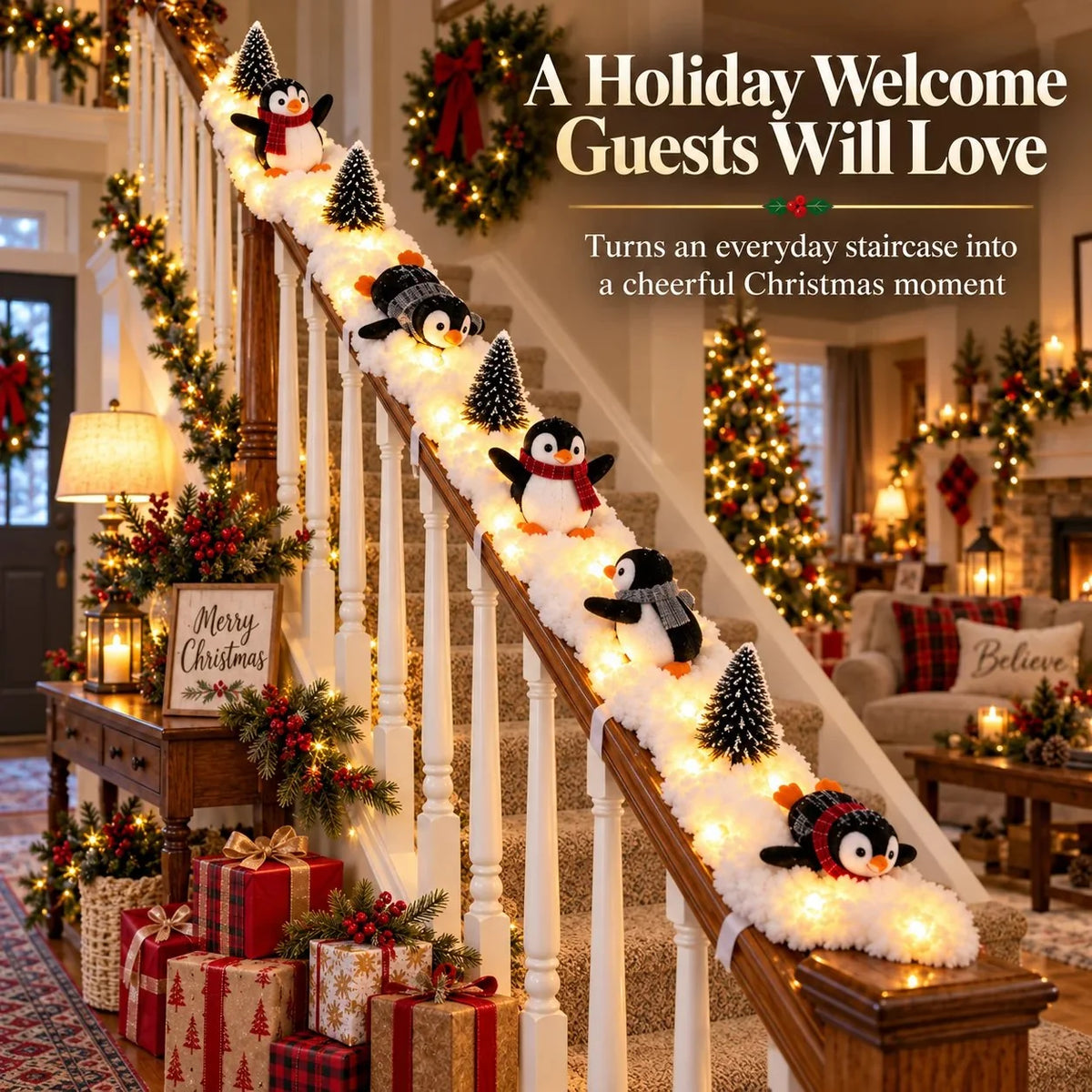🔥hot Sale 40% Off🔥playful Penguin Snowy Stair Railing Decor