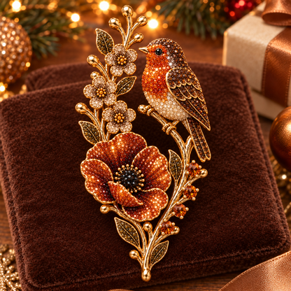 🐦🌸Robin & Poppy Crystal‑Encrusted Vintage Brooch 🐦🌸