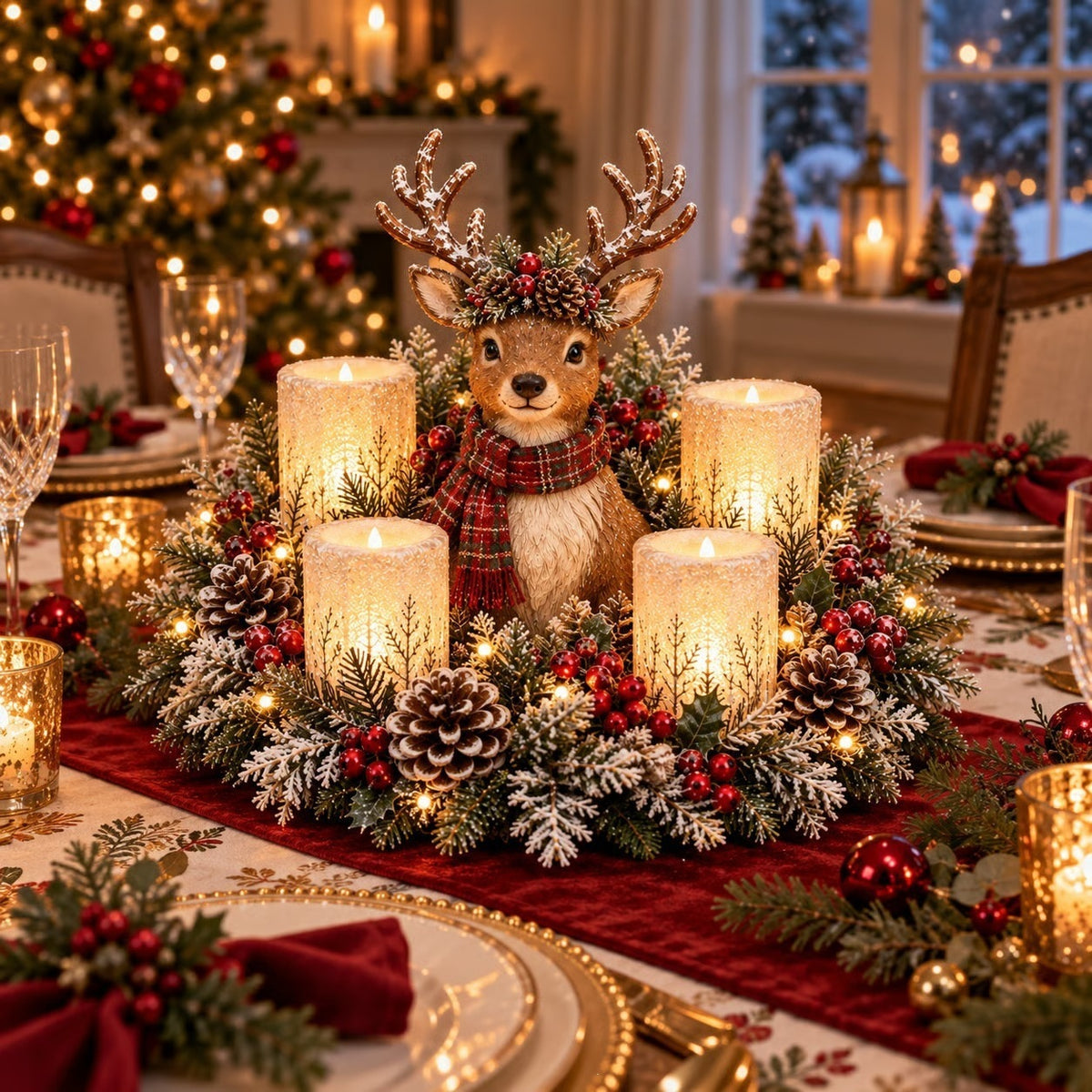 🌲christmas Woodland Animal Wreath Candle Holder Table Centerpiece