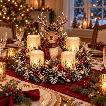 🌲christmas Woodland Animal Wreath Candle Holder Table Centerpiece
