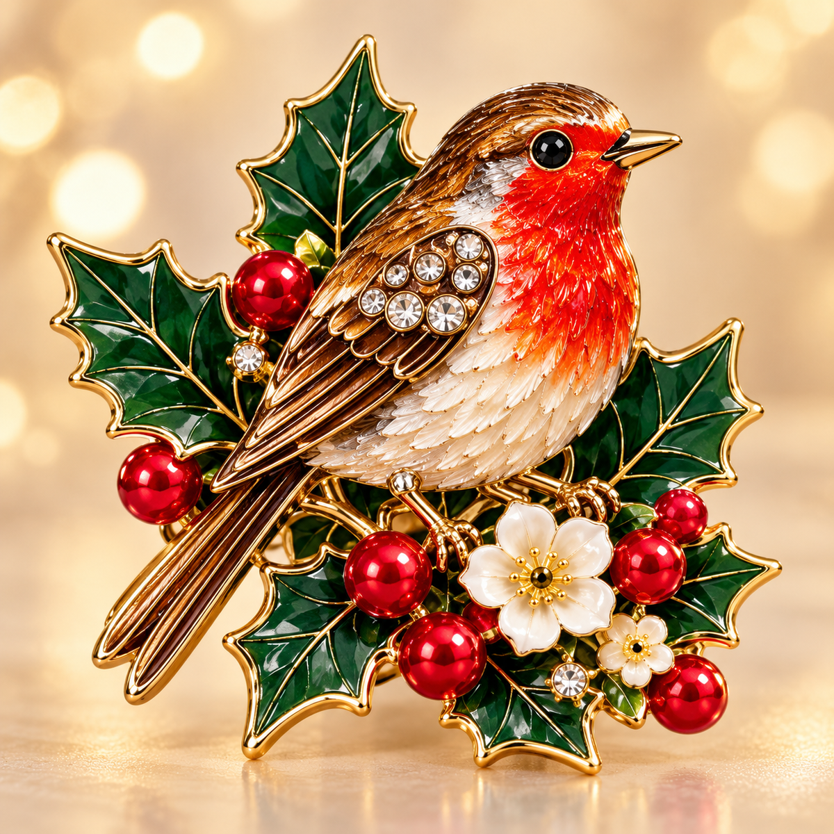 Christmas Robin Holly Berry Enamel Brooch 🎄✨