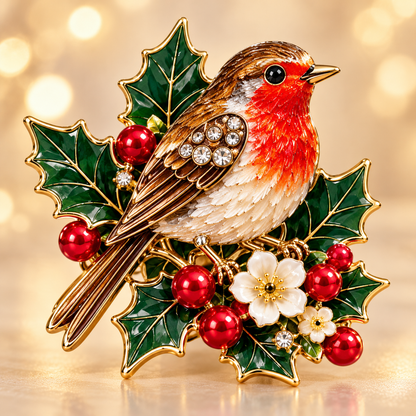 Christmas Robin Holly Berry Enamel Brooch 🎄✨