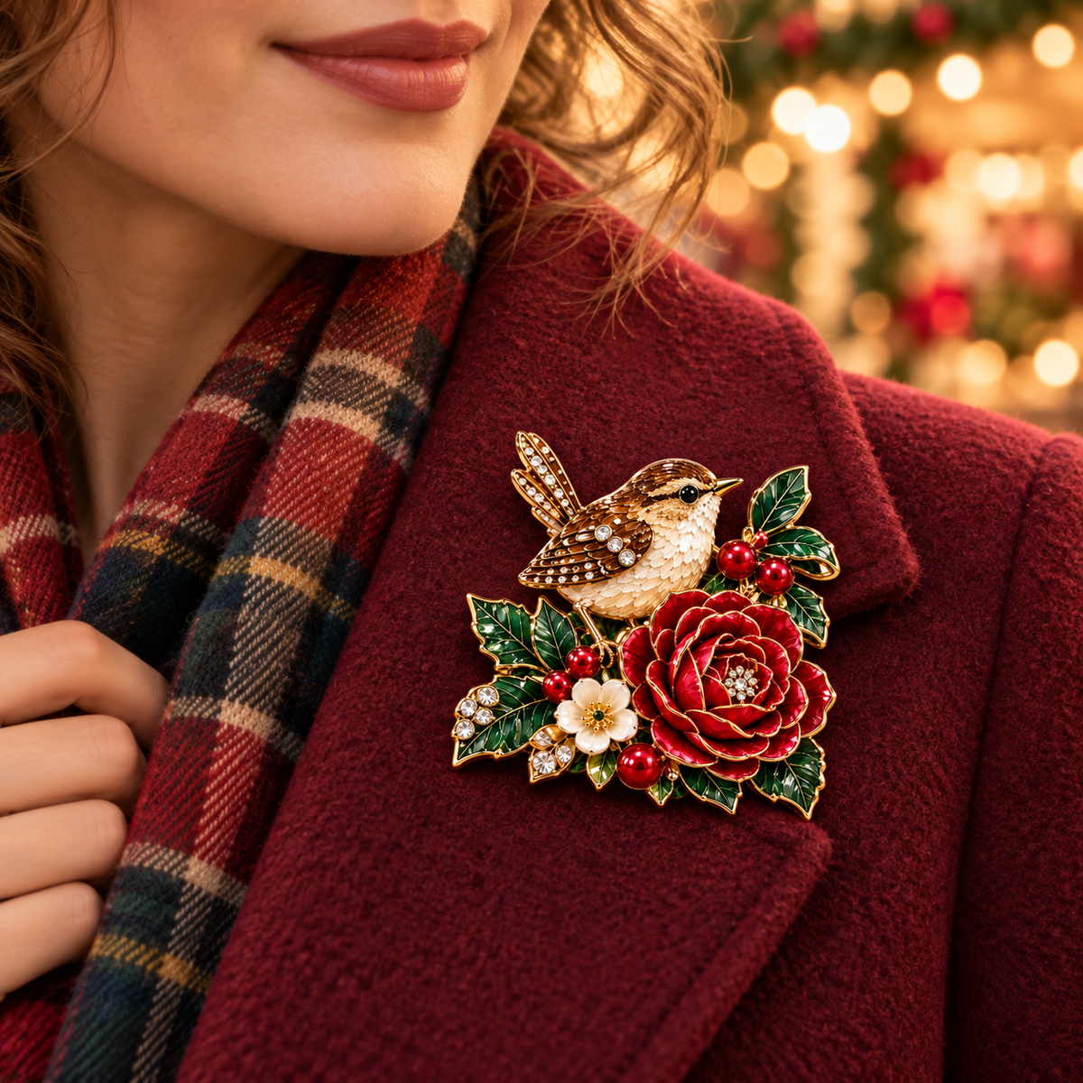 Christmas Wren & Red Rose Enamel Brooch 🎀❄️