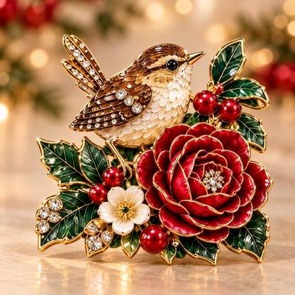 Christmas Wren & Red Rose Enamel Brooch 🎀❄️