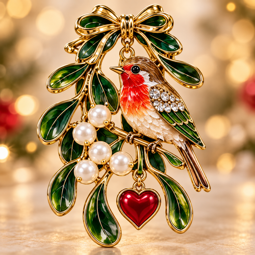 Christmas Mistletoe Robin Enamel Brooch 🎄❤️