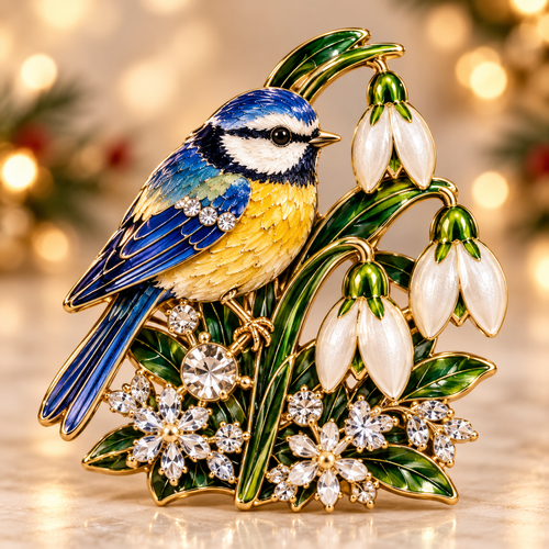 Blue Tit & Snowdrop Enamel Brooch 🎐💙