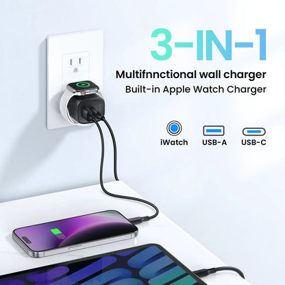 3-in-1 Magnetic Wireless Cordless PD USB-C Wall Charger Block