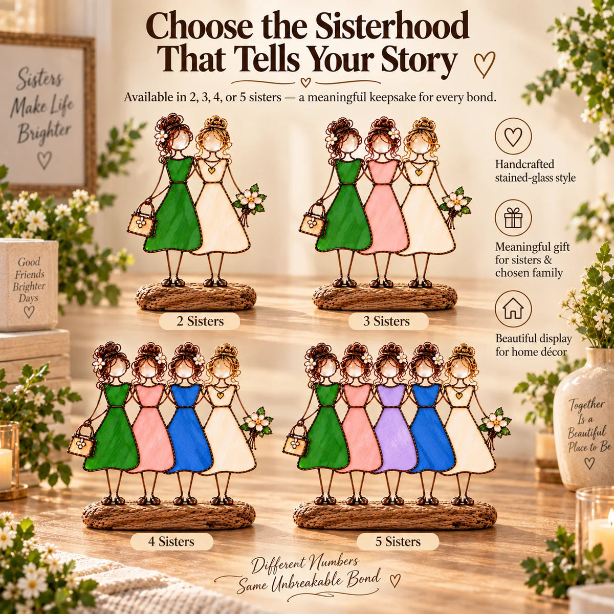 Side By Side Sisters Stained Glass-inspired Friendship Figurine