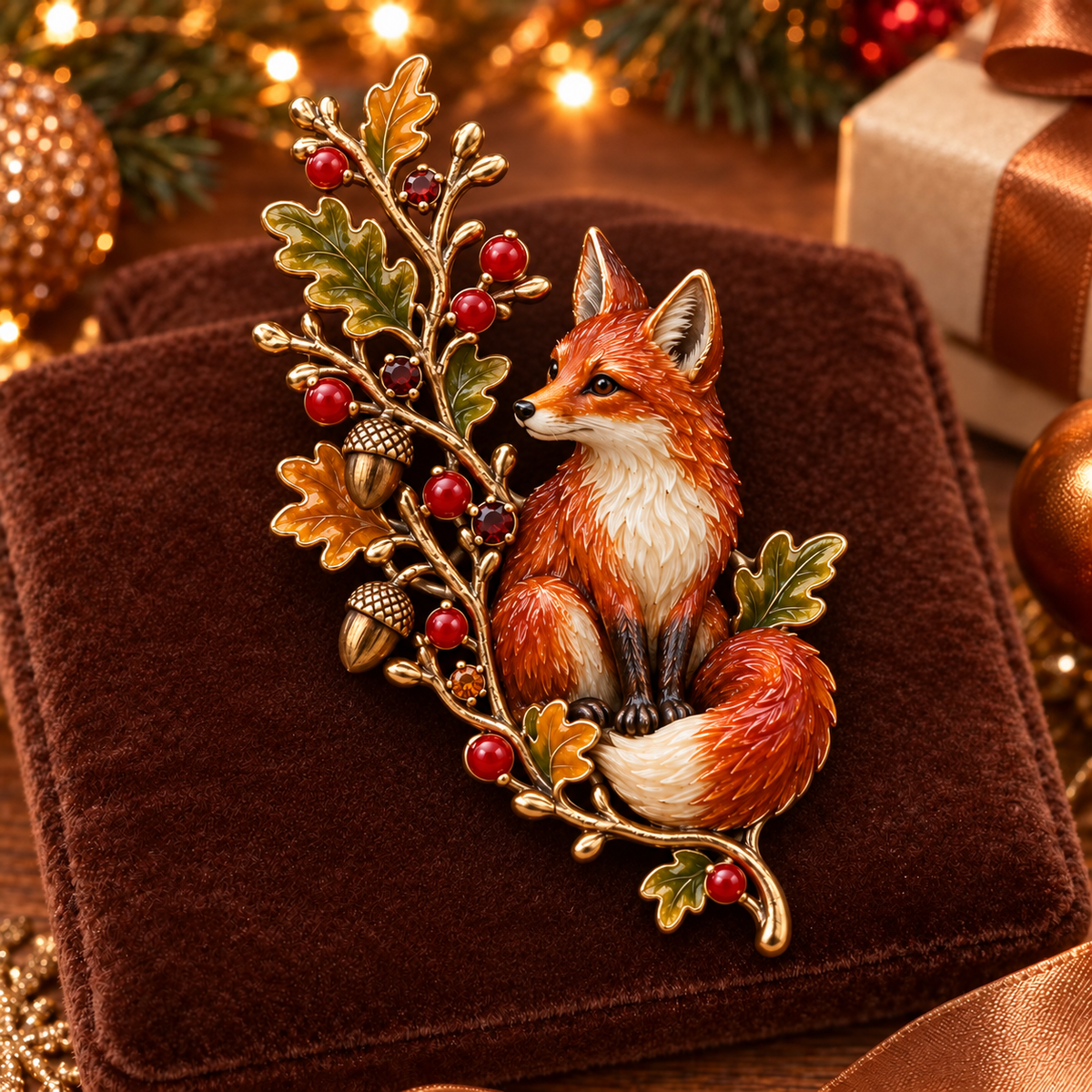 Autumn Woodland Fox 🦊 Oak & Berry Country Brooch