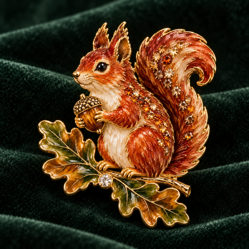 Autumn Woodland Squirrel 🐿️ Oak & Acorn Country Brooch