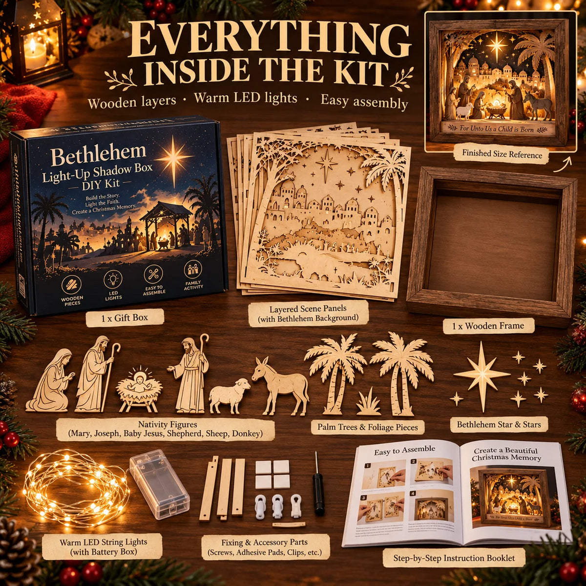 ⭐ Bethlehem Light-up Nativity Shadow Box Diy Kit – Layered Wooden Christmas Craft