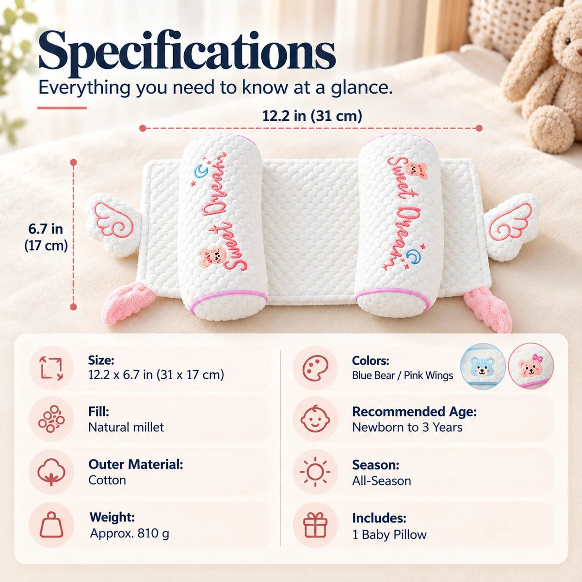 Millet Head-Shaping Pillow for Babies and Toddlers, for Correcting Head Asymmetries in Newborns, Model 06 – Pillow for Side Sleeping with a Removable Insert