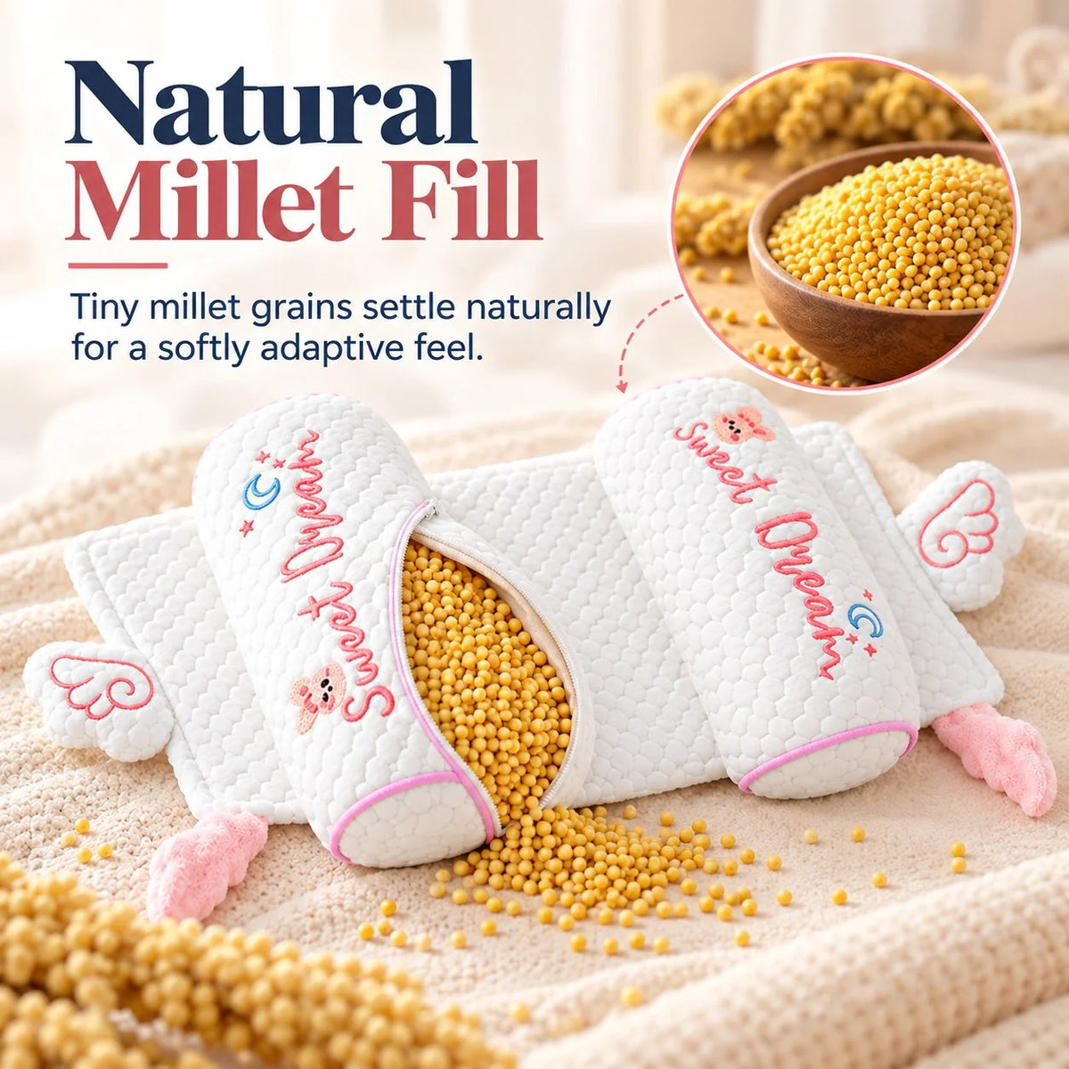 Millet Head-Shaping Pillow for Babies and Toddlers, for Correcting Head Asymmetries in Newborns, Model 06 – Pillow for Side Sleeping with a Removable Insert