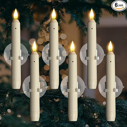 Homemory 6 Pcs Window Candles with Sensor Dusk to Dawn, Ivory Striped Candlesticks with Suction Cups, Roman Column Christmas Window Candle Battery Operated, Flameless Led Taper Candles for Windows