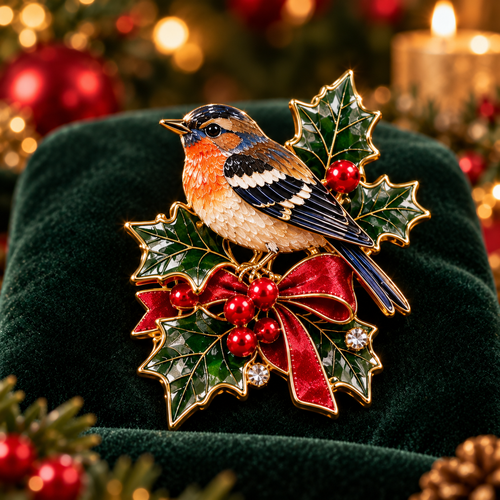 🎄✨Festive Bird & Holly Christmas Brooch 🎄✨