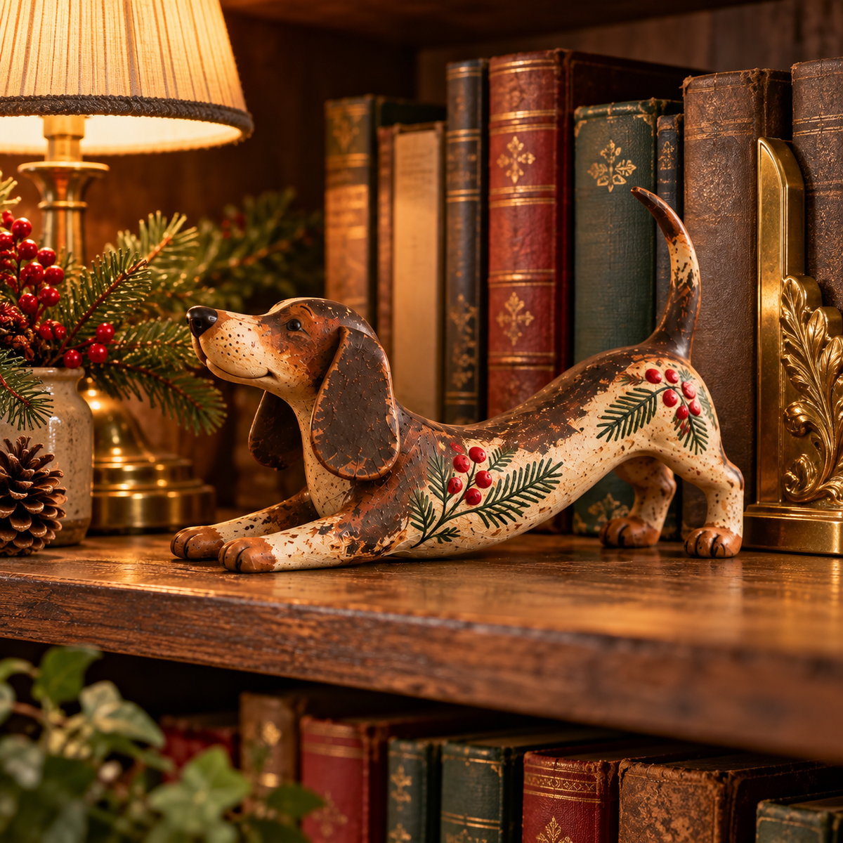 Christmas Dachshund Figurine – Rustic Farmhouse Holiday Dog Decor With Holly & Evergreen Accents