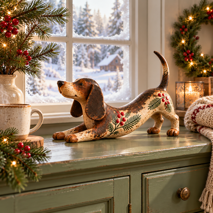 Christmas Dachshund Figurine – Rustic Farmhouse Holiday Dog Decor With Holly & Evergreen Accents