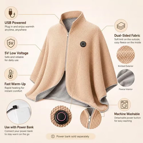 Wearable Heated Shawl 3 Heat Levels Portable Thermal Wrap