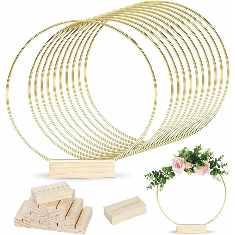🌸 50% OFF! ✨ Gold-Tone Decorative Hoop with Wooden Stand – Customizable Table Centerpiece with LED String, Reusable Design for Flowers, Ribbon & Greenery – Elegant Iron & Pine Wood Craft for Events & Everyday Decor 🎀