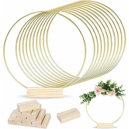 🌸 50% OFF! ✨ Gold-Tone Decorative Hoop with Wooden Stand – Customizable Table Centerpiece with LED String, Reusable Design for Flowers, Ribbon & Greenery – Elegant Iron & Pine Wood Craft for Events & Everyday Decor 🎀