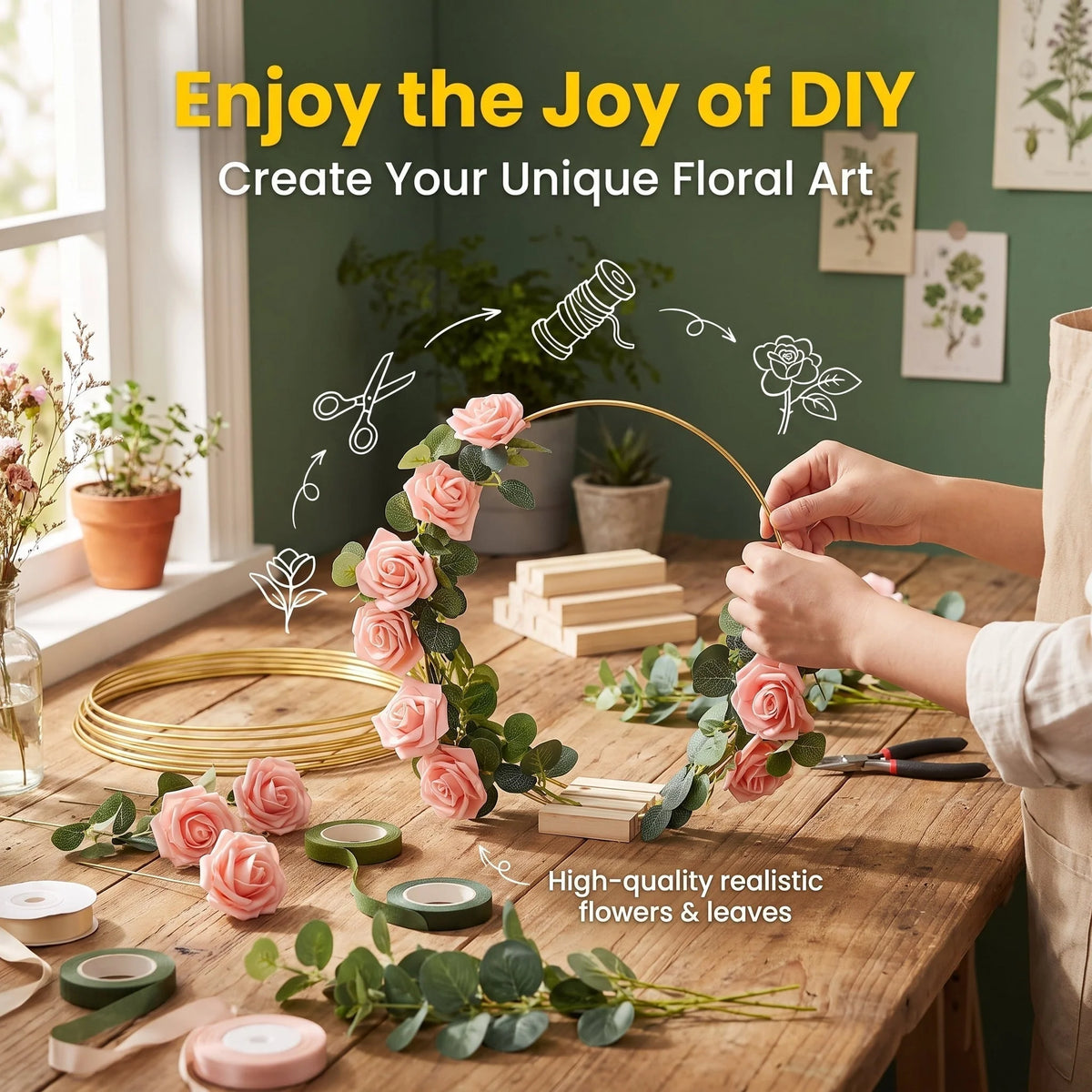 🌸 50% OFF! ✨ Gold-Tone Decorative Hoop with Wooden Stand – Customizable Table Centerpiece with LED String, Reusable Design for Flowers, Ribbon & Greenery – Elegant Iron & Pine Wood Craft for Events & Everyday Decor 🎀